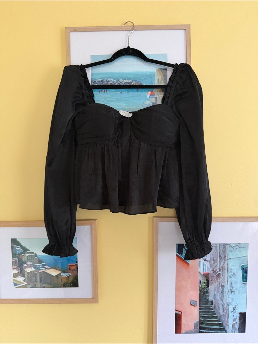 ASTR The Label Black Smocked Puff Sleeve Babydoll Top Size M